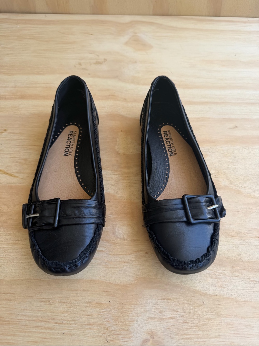 Kenneth Cole Black Buckle Moccasin Flats